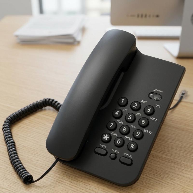 Điện thoại bàn KXT504 có dây, nút bấm lớn, phù hợp cho người cao tuổi, chức năng gọi lại và tắt tiếng, dùng tại nhà, khách sạn hoặc văn phòng, chất liệu ABS, màu trắng/đen