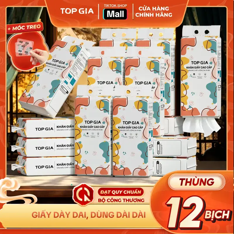 (12 BỊCH SIÊU TO, CAO CẤP) COMBO 12 bịch khăn giấy CỠ ĐẠI ăn cao cấp treo tường TopGia 4 lớp không bụi mịn1280 tờ rút tiện lợi Giấy Vệ Sinh(tặng 4 móc treo),giấy rút đa năng treo tường ĐẠT QUY CHUẨN CỦA BỘ CÔNG THƯƠNG RDS17