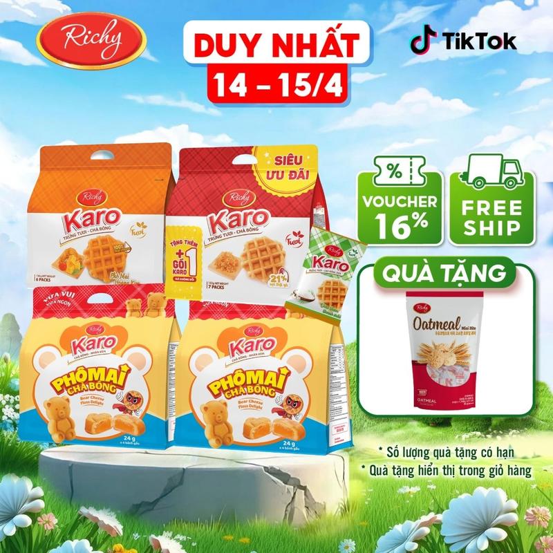 [14.4 - 15.4 Tặng 1 yến mạch Karo siêu khuyến mãi DUY NHẤT TÚI ĐỎ SỢI GÀ TẶNG 1 cái trong mỗi túi] Combo 4 túi bánh mì tươi Karo: karo chà bông sơi gà, phô mai hoàng kim, Karo gấu nhân phô mai