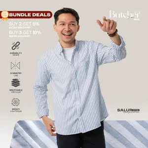 Kemeja Pria Garis WOODCUTTER Basic Butcher Stripes Shirt Lengan Panjang Salur Casual Kerja - Blue Biru