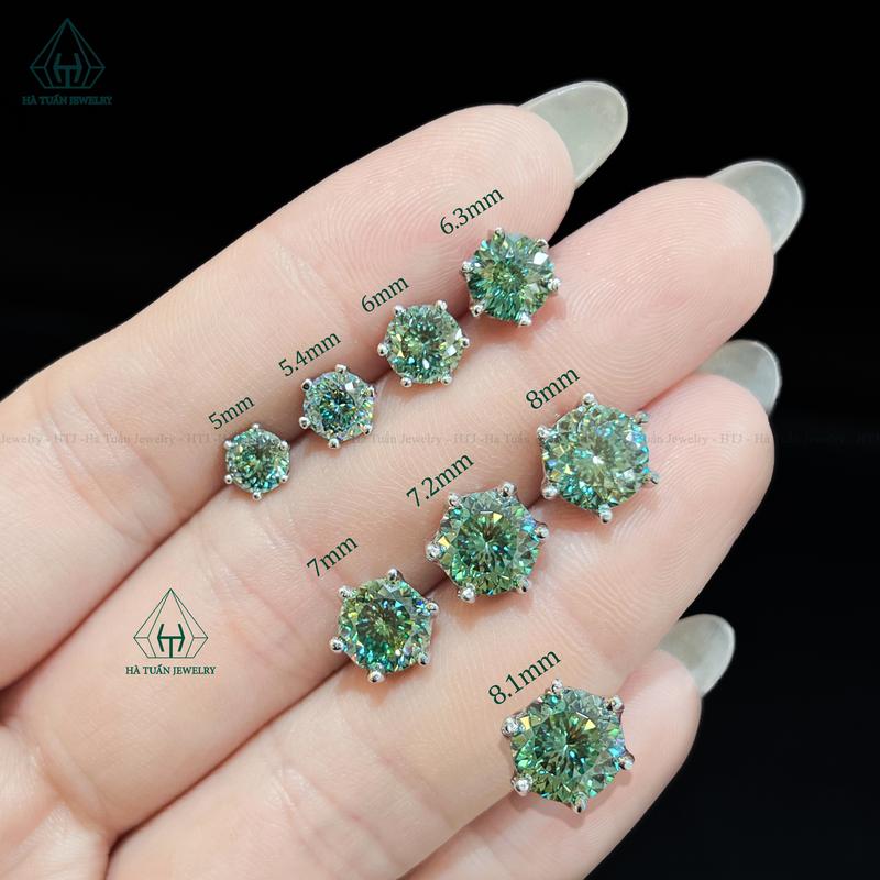   Hà Tuấn Jewelry  Bông Tai Nụ Bạc 925 Xi Kim Đính Đá Moissanite Xanh Lá 161 Giác Cắt Nam Nữ 6 Chấu Chuôi Vặn EX003 