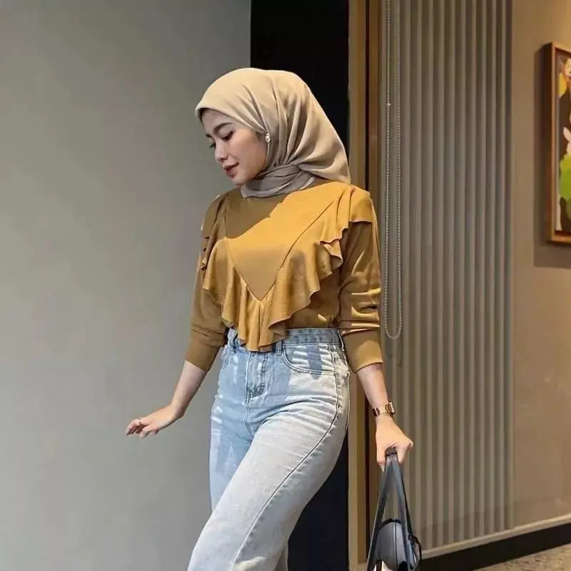 Kaos Lengan Panjang Rumbai / Knit Ruffle / blouse Korean raffle rib premium Atasan Baju atasan knit rempel wanita Knitwear Top