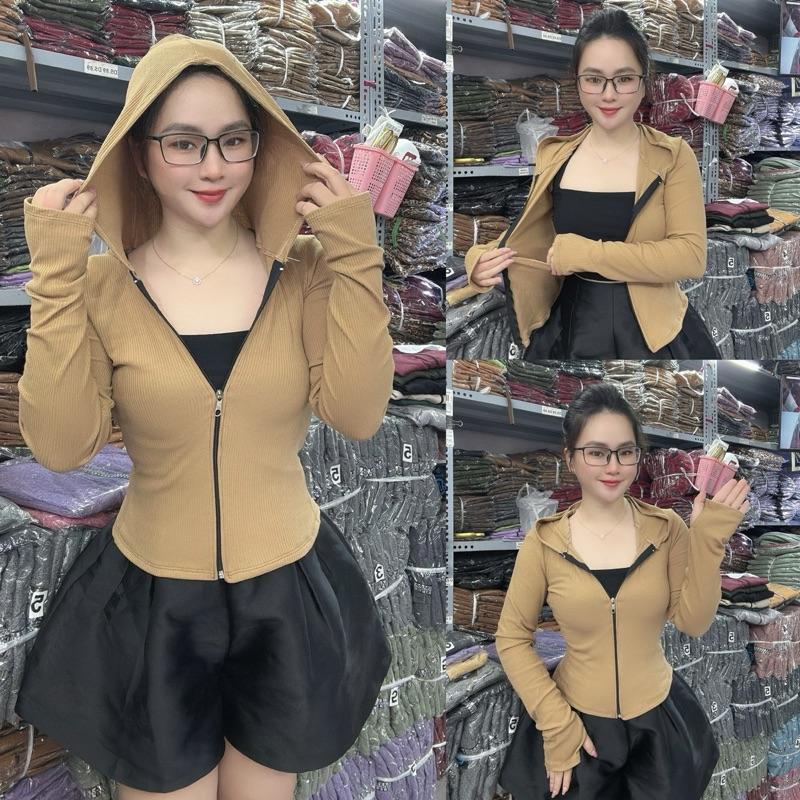 40-65kg Áo khoác ủ kem thun gân mỏng tay dài có nón túi trong Mã AK3