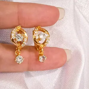 Perhiasan Fashion Wanita Anting Titanium Gold Motif Mata Tengah Gandul Anti Karat Elegan