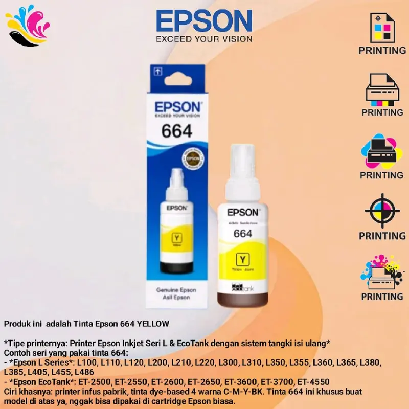 Tinta EPSON 664 Original C M Y K For Printer L100 L110 L200 L210 L300 ...