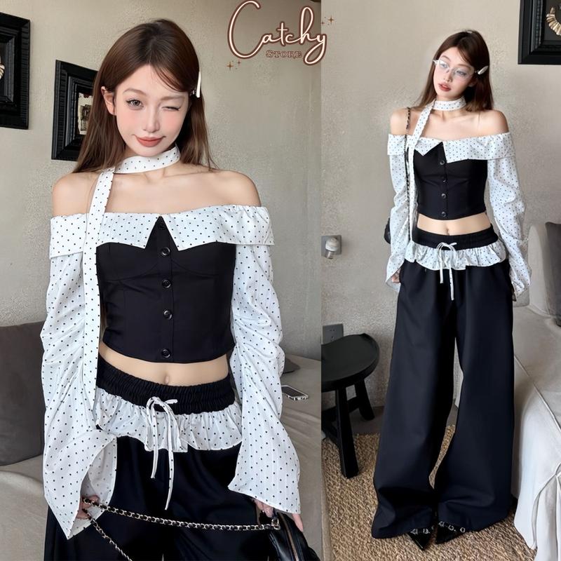 Set Áo Kiểu Nữ Trễ Vai Croptop Tay Loe Chấm Bi Kèm Dây Cổ Phối Quần Dài Ống Rộng Lưng Bèo Sang Chảnh Đi Chơi CATCHYstore
