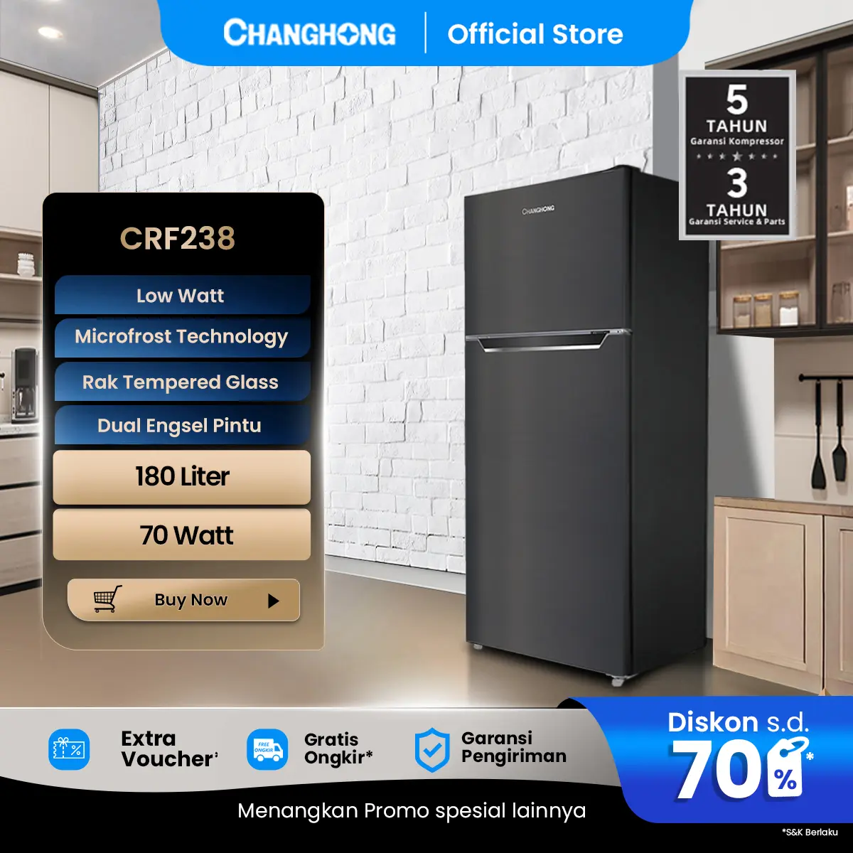 Changhong  Kulkas Lemari Es 2 Pintu Refrigerator Kapasitas 180 Liter Pendingin Makanan & Minuman - CRF238 Black gap 45