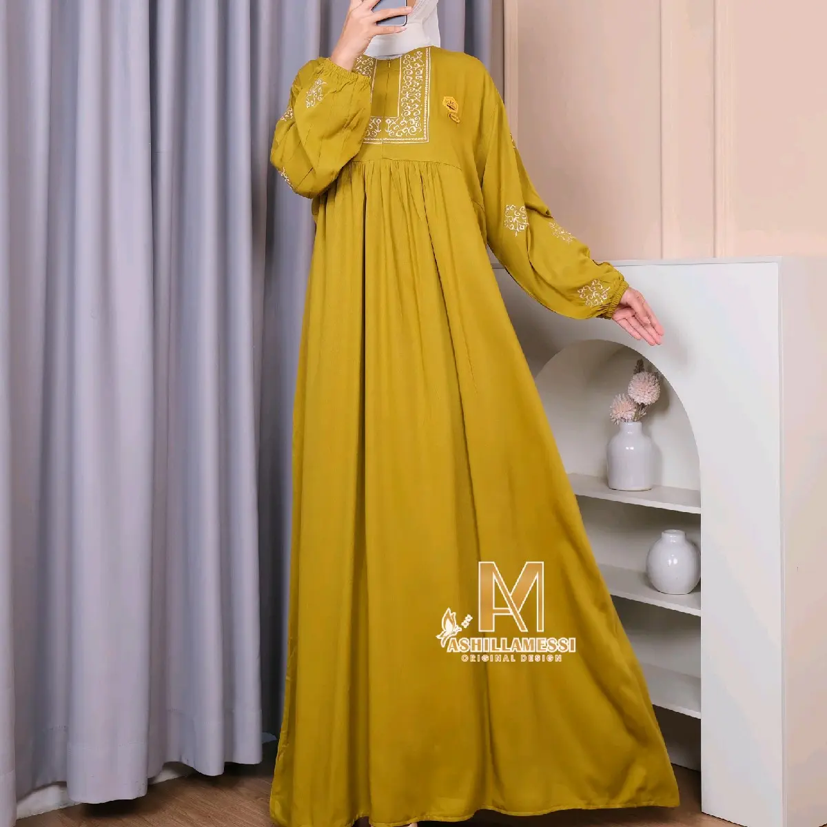 Dress Ayunda Bordir Gamis Rayon Twill untuk Wanita Muslim Cantik