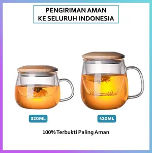 [GRATIS BUBBLE] Gelas Cangkir Teh Tea Cup Mug 420ml with Infuser Filter Saringan Kaca Rempah Herbal Wedang Uwuh Tahan Air Panas Kayu