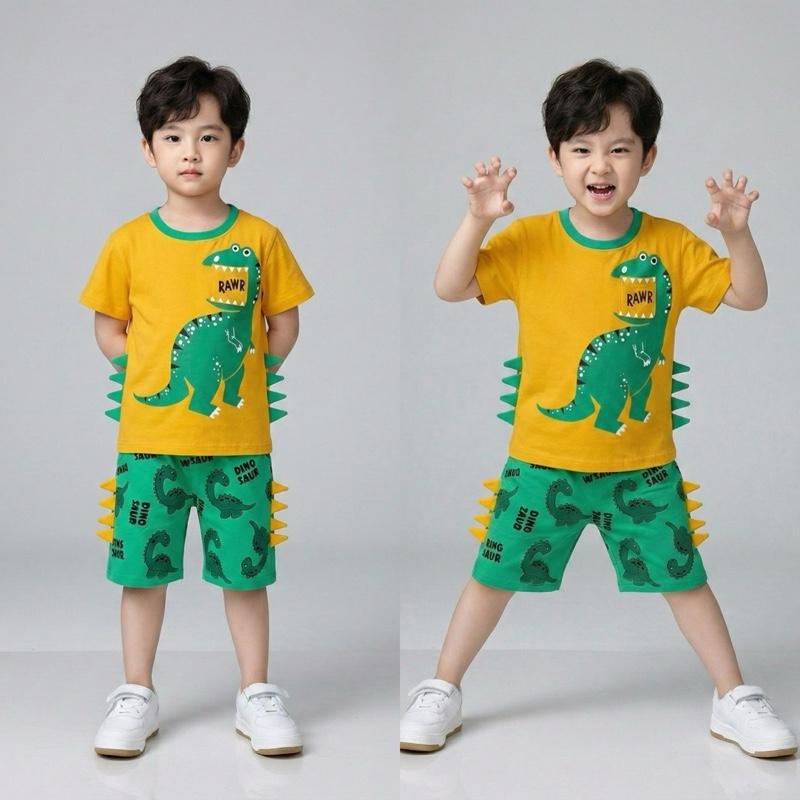   BN15  Bộ quần áo bé trai khủng long Rawr – Set áo thun tay ngắn phối quần short năng động  8-33kg  