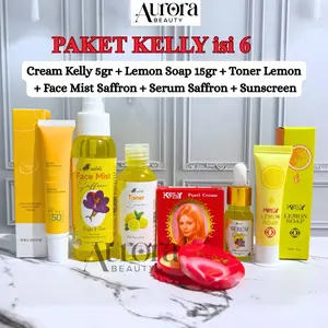 (isi 6) Paket Kelly Pearl Cream 5gr + Lemon Soap 15gr + Sunscreen + Toner + Serum Saffron + Facemist Saffron Mencerahkan Wajah