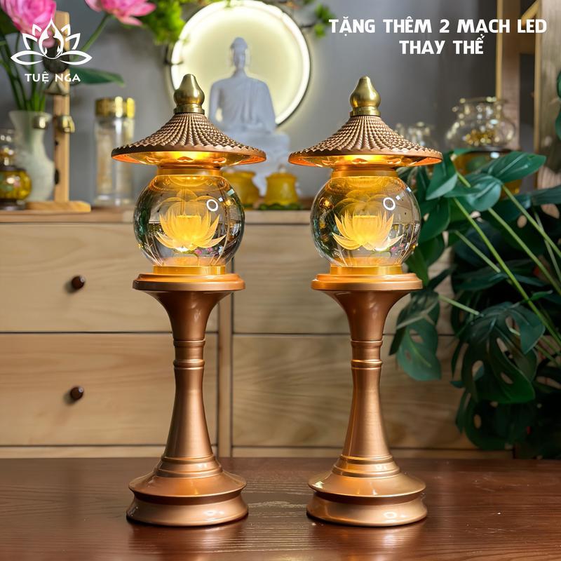  Đèn Hoa Sen Pha Lê Hình Cầu Thân Hợp Kim Nhôm Sơn Đồng Đèn Thờ Led  Tặng 2 led đổi màu  - Tuệ Nga 