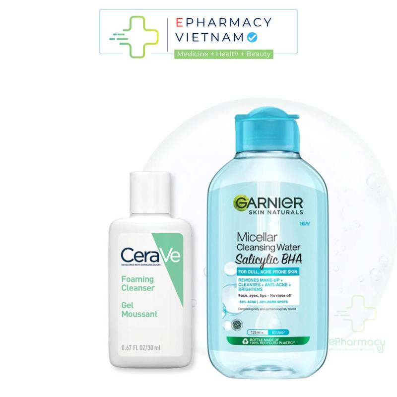 CHÍNH HÃNG Sữa Rửa Mặt Cho Da Dầu Mụn CeraVe Foaming Cleanser 30ml & Nước Tẩy Trang Dành Cho Mọi Loại Da Garnier 125ml