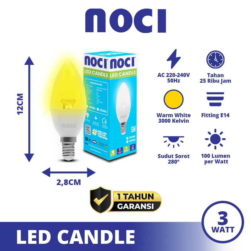 Noci Lampu LED Candle E14 3 Watt Cahaya Kuning 3000K/Putih 6500K Super Terang Hemat Daya