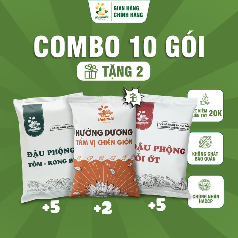 [COMBO MUA 10 TẶNG 2] Đậu phộng tỏi ớt Huenuts + Đậu phộng tôm rong biển Huenuts TẶNG 2 gói Hướng Dương tẩm vị chiên giòn Huenuts