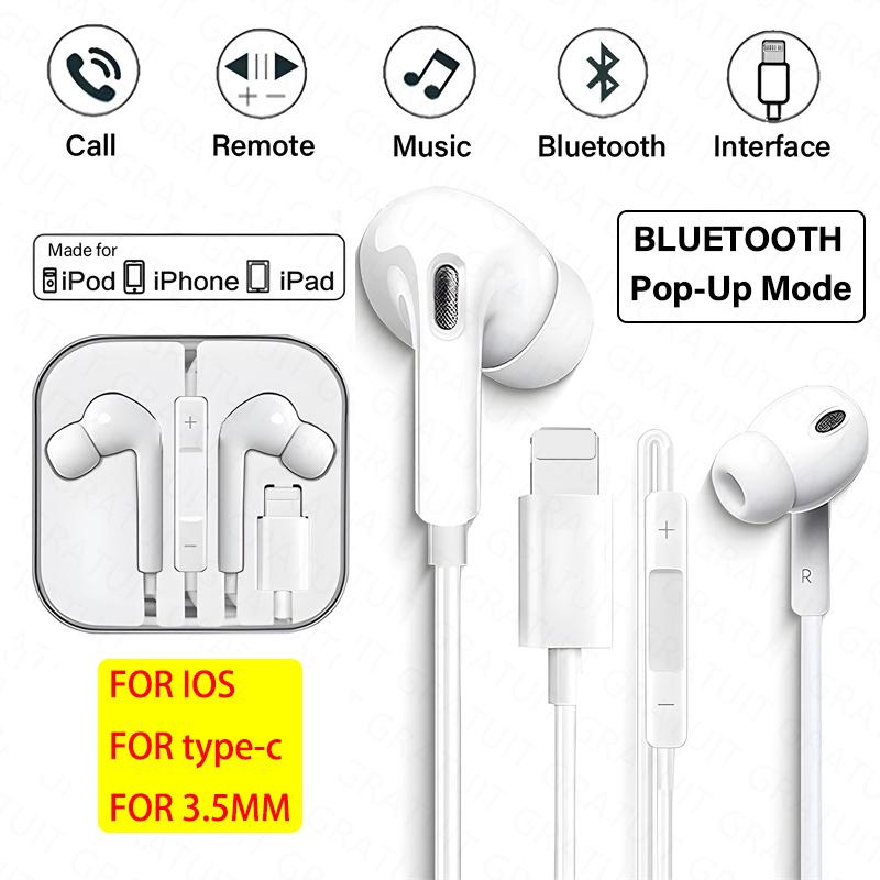Tai nghe ban đầu cho Apple, tai nghe có dây cho iPhone 15, 14, 13, 12, 11 Pro Max, X, 8 Plus, Lightning, Bluetooth , Jack 3,5 mm, cho ios, type-c