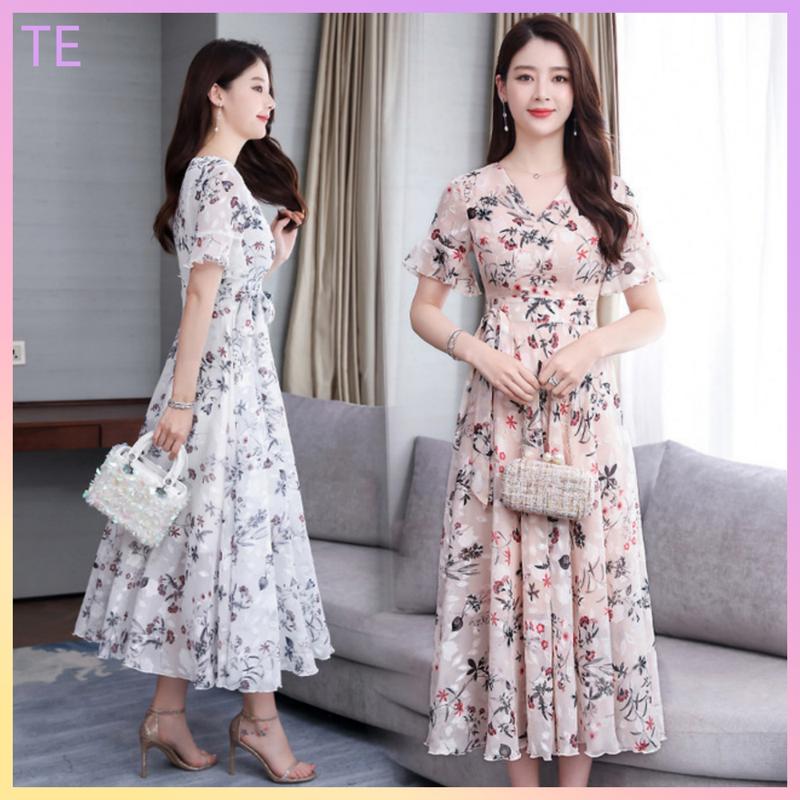 Chân Váy Dài Trung Bình Thiết Kế Hoa, Phong Cách Mới Mùa Hè Cho Nữ, Với Tay Áo Loe, Váy Siêu Thanh Lịch, Ngoại Cỡ, Chân Váy Thắt Lưng Dài, Thời Trang Women Dress Voan Khuy 1