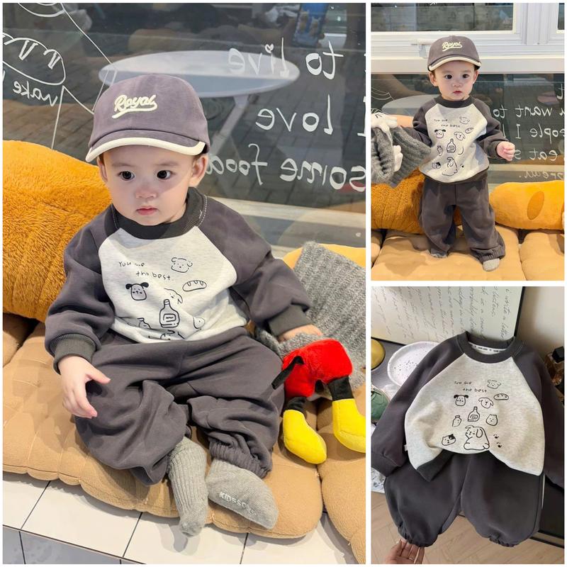  Bộ quần áo thu đông Gấu Mèo phối màu ghi dễ thương chất liệu nỉ bông cho bé 8-18kg 