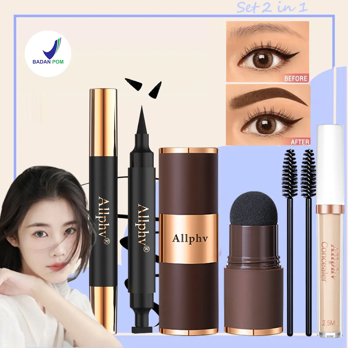 [Set 2 in 1] Allphv Eyebrow Powder &  Eyeliner Stamp 2in1 Waterproof Eyeliner|Paket Alis Easy Eyebrow+Eyes Drawing  | Pigmented Tahan Lama | Makeup Mata