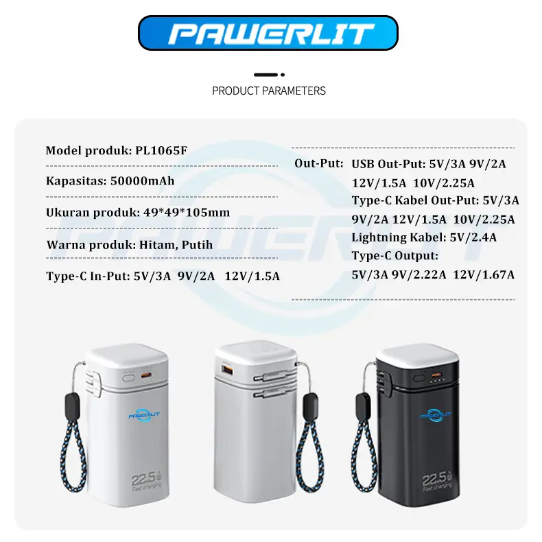 PAWERLIT Powerbank 50000mah Fast Charging Power Bank Type-C Kabel 22.5W PD20W Lampu Emergency Senter LED 8