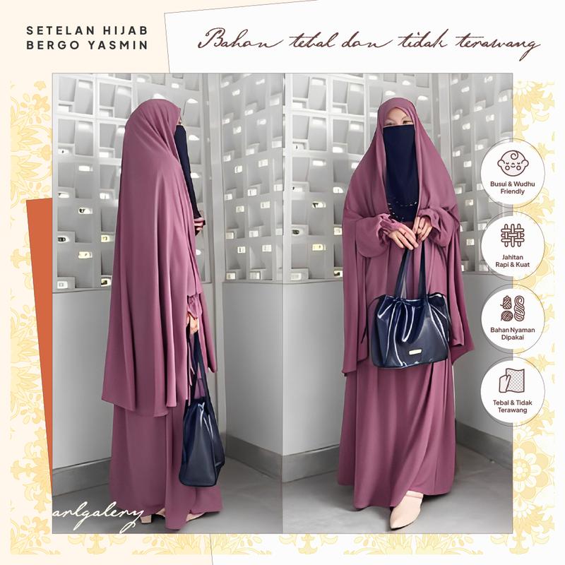 Setelan Hijab Bergo Yasmin Crinkle Airflow Lengan Panjang Lonceng Wudhu Friendly Serap Keringat Berbagai Macam Warna By Arlgalery 0