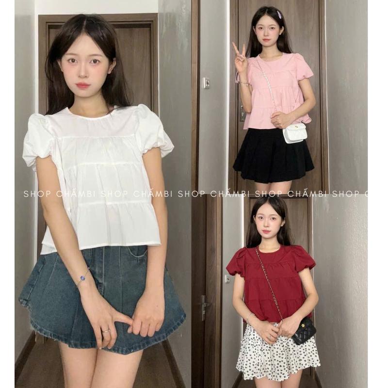 XẢ HÀNG Áo sơ mi nữ A.736 Áo sơ mi kiểu dáng babydoll cổ tròn tay phồng phối chun nhún dễ thương - Shop Chấm Bi
