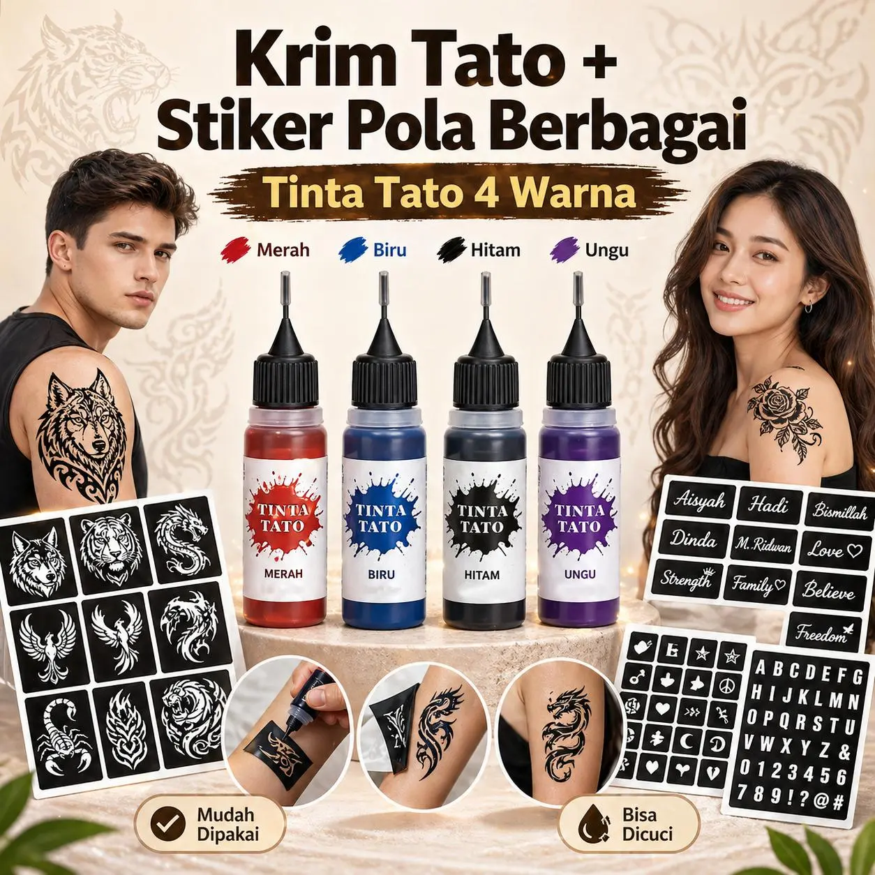 Tinta Tato Sementara Desain Keren 4 Botol Lengkap Warna Hitam Merah Biru Ungu Tahan Sampai 7-14 Hari Pilihan Banyak Motif Cat Tubuh Fashion Cocok Pria Wanita