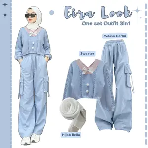 Setelan Remaja Kekinian 3in1 (Sweater Kawai + Celana Cargo + Hijab) OOTD Hangout Stylist AMO89