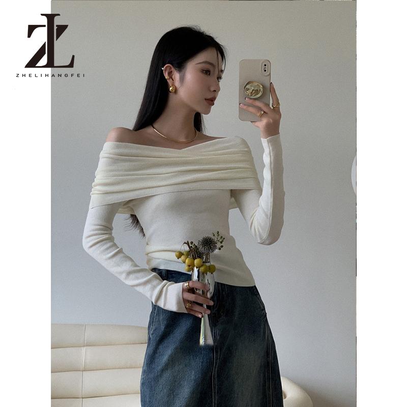 Áo sweater Trễ Vai Một Đường Viền Xoắn Cổ Thời Trang Mùa Thu Cho Nữ