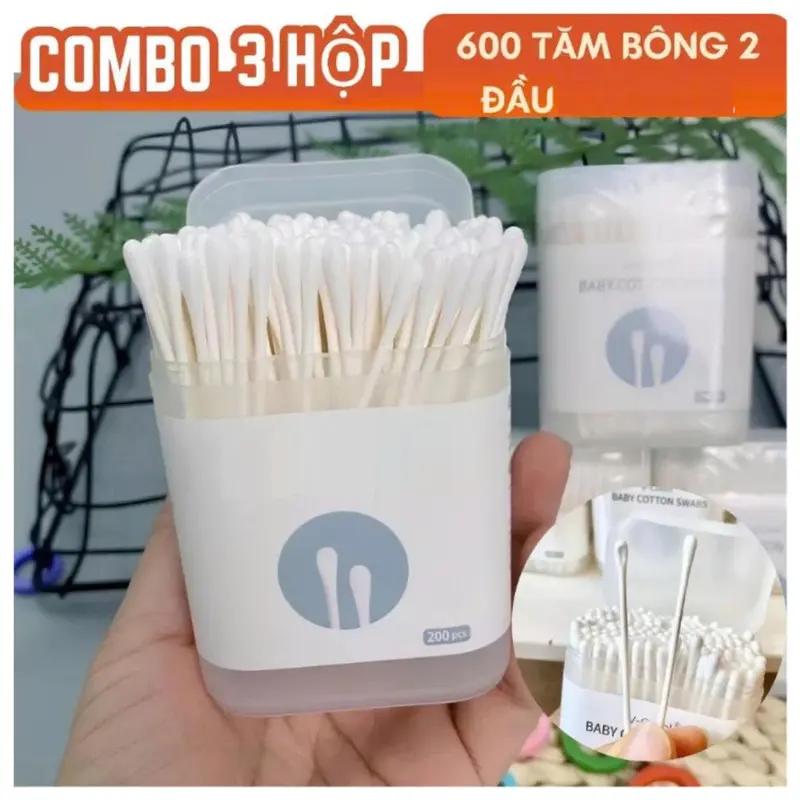 Combo 3 Hộp Tăm Bông 600 que 2 Đầu dẹt và tròn thân giấy mềm mại, Tăm Bông Trang Điểm, Spa, Bông Ngoáy Tai Que Gỗ Cosmetic