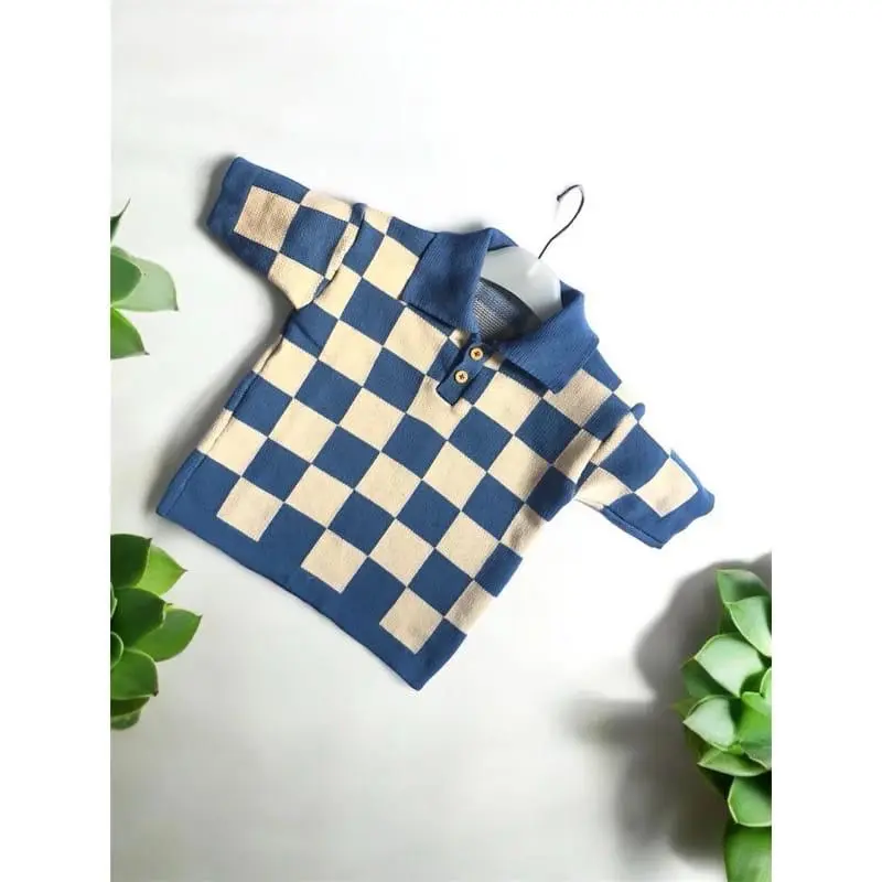 Polo Rajut Motif Kotak Atasan tangan pendek Sweater Premium Unisex Pakaian Anak Cowo Cewe Baju Fashion 5