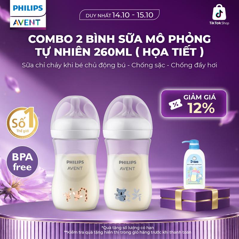 Bộ 2 Bình sữa mô phỏng tự nhiên Philips Avent mới (họa tiết Hươu Cao Cổ & Gấu) 260ml chống sặc chống đầy hơi