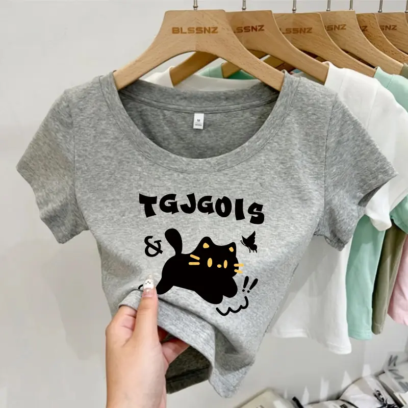 Kaos lengan pendek motif kucing berkualitas tinggi gaya Korea 2