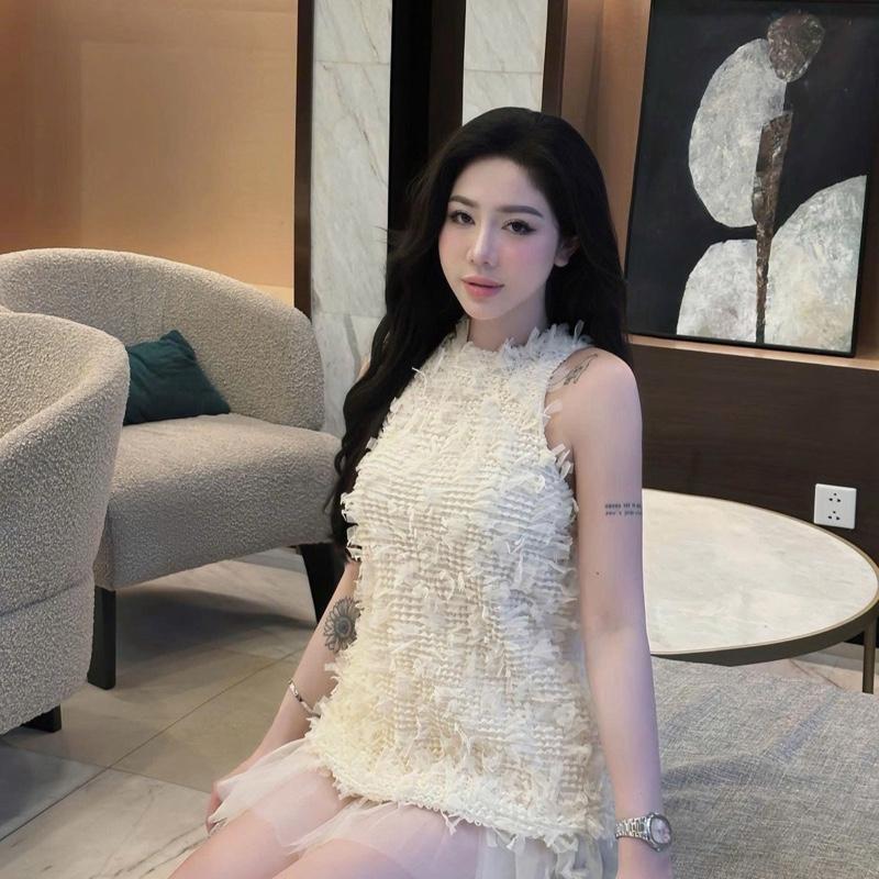 Set trắng kem áo ren chun sát nách mix chân váy 2 lớp lưới 4