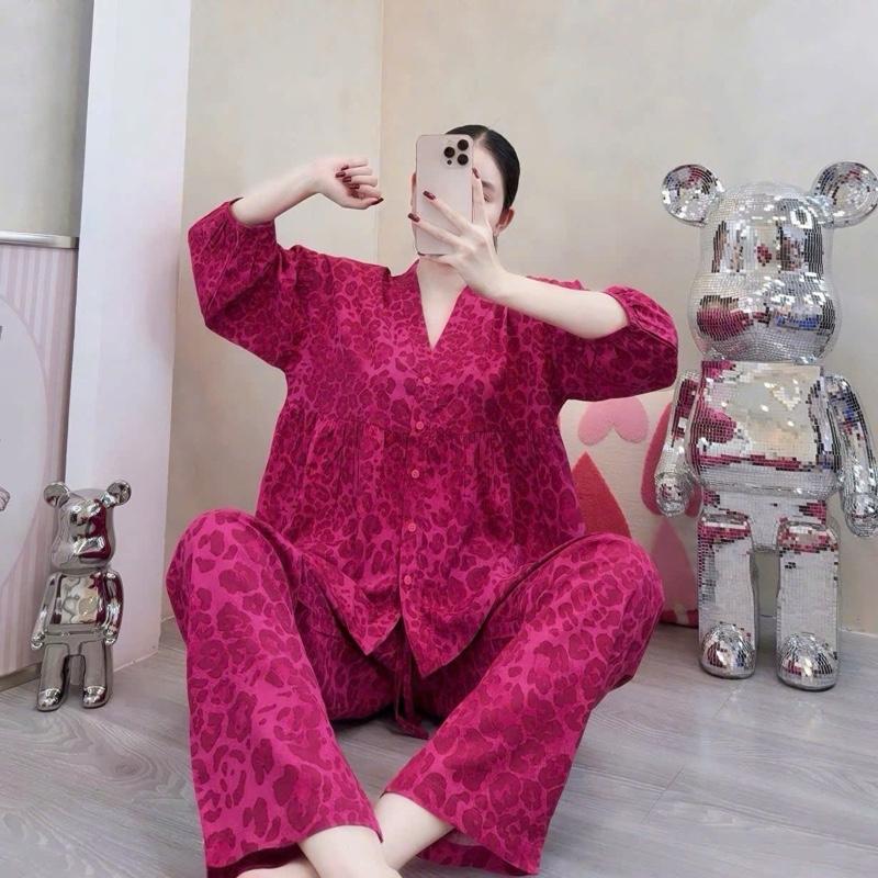 KA115 - {FOM MỚI}Đồ bộ mặc nhà vải tole lanh áo tay dài quần dài cổ Y 50-75kg