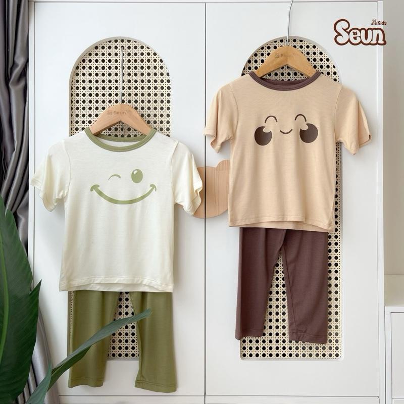 Bộ tay ngắn quần dài bé trai bé gái cotton lụa mát lạnh 8kg đến 35kg in mặt cười SEUNKIDS bộ đồ cho bé bộ mặc nhà
