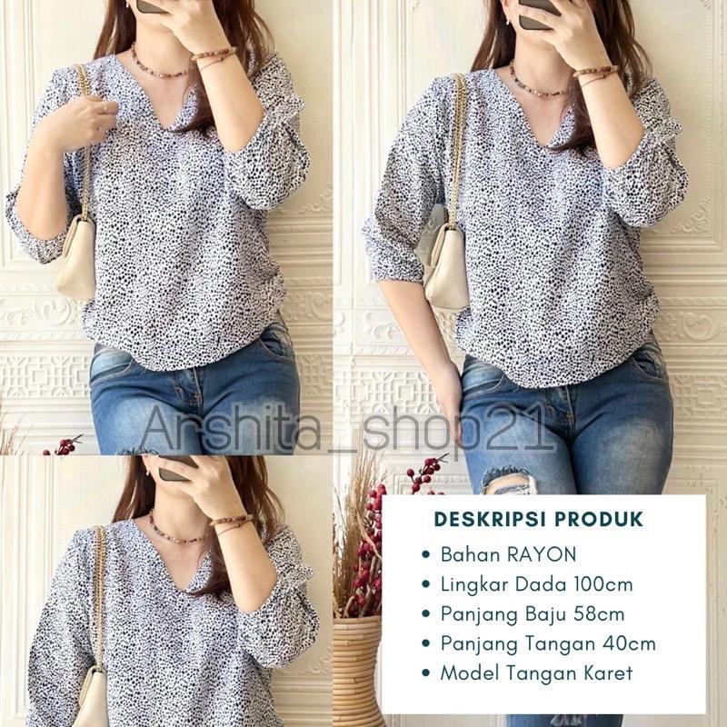 HANA [01] BLOUSE || [B01101] ATASAN WANITA TERLARIS BAHAN RAYON PREMIUM BLOUSE KEKINIAN LEHER V SIMPLE ELEGAN TANGAN 7/8 KARET MOTIF TERBARU