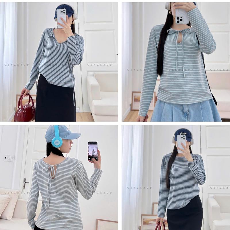 Áo Thun Tay Dài Sọc Có Dây Mặc Được Nhiều Kiểu Đa Phong Cách Genz25