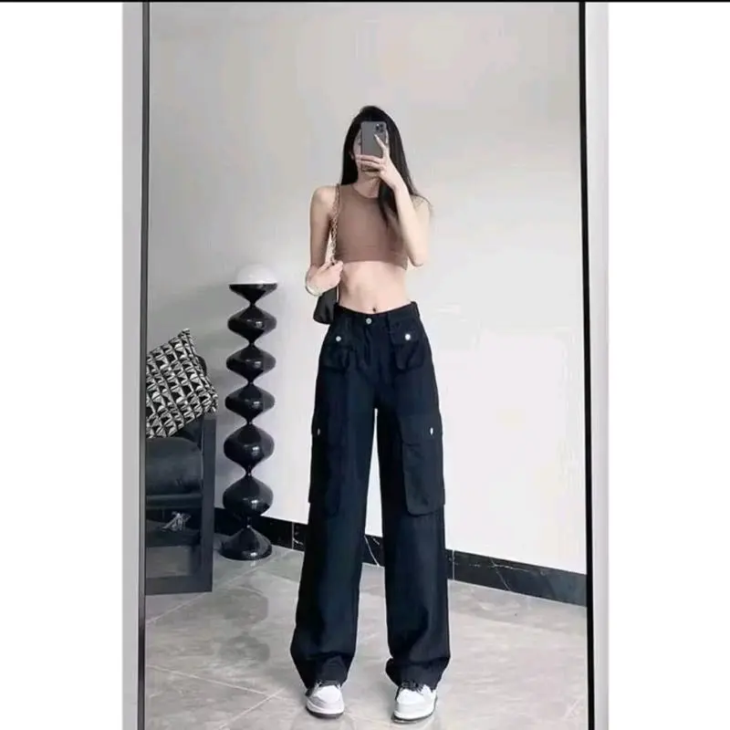 Fj - Celana Cargo Jeans Wanita  Panjang Highwaist Loose Pants korean Style Cewek   jeans Sexy XL