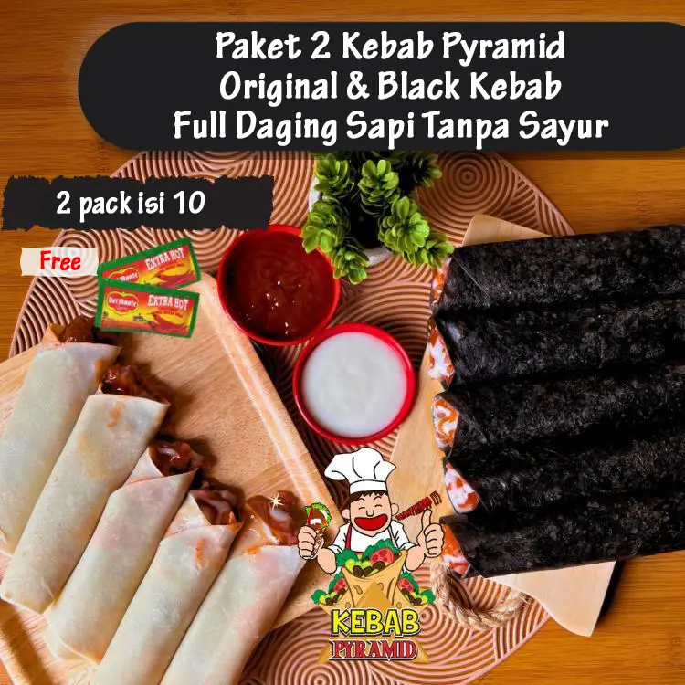 Paket PREMIUM 10 Kebab Pyramid PANJANG  Ori dan Black Daging Sapi Tanpa Sayur (10 PCS) Makanan frozen Food Cemilan Instan (bukan Kebab Mini) 0