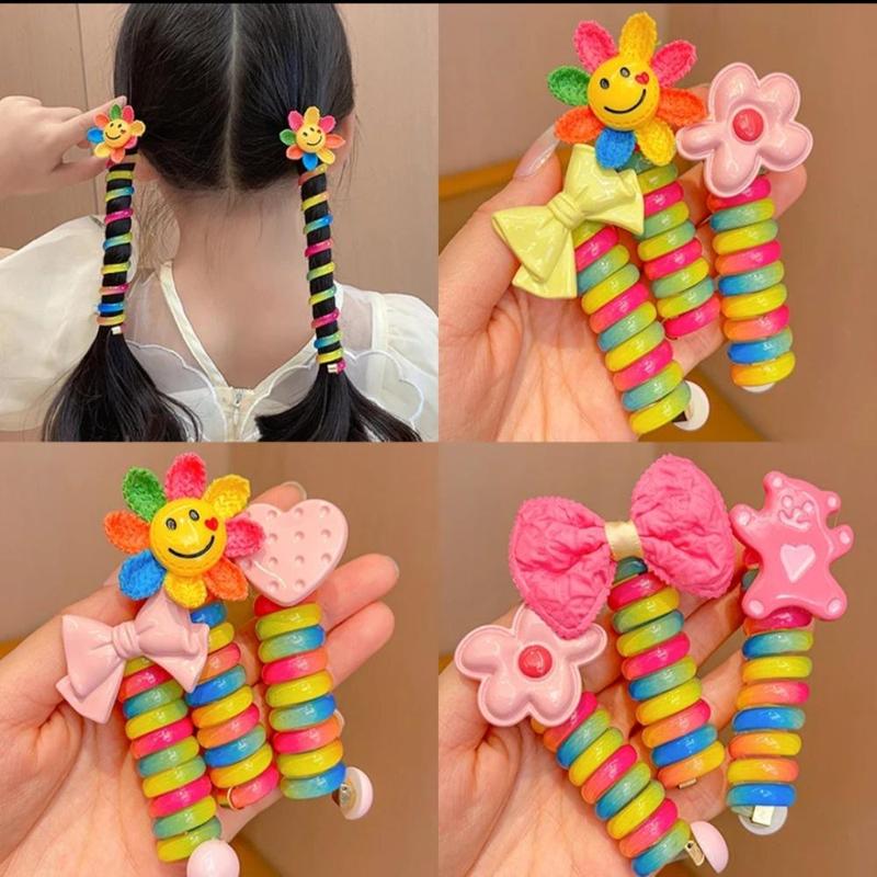 Dây Buộc Tóc Cho Trẻ Em, 2 Cái, Dễ Thương, Nhiều Màu Sắc, Đường Dây Điện Thoại, Dây Buộc Tóc Cho Bé Gái, Hoa Hoạt Hình, Co Giãn, Tóc Đuôi Ngựa Đôi, Dây Buộc Tóc Xoăn 0