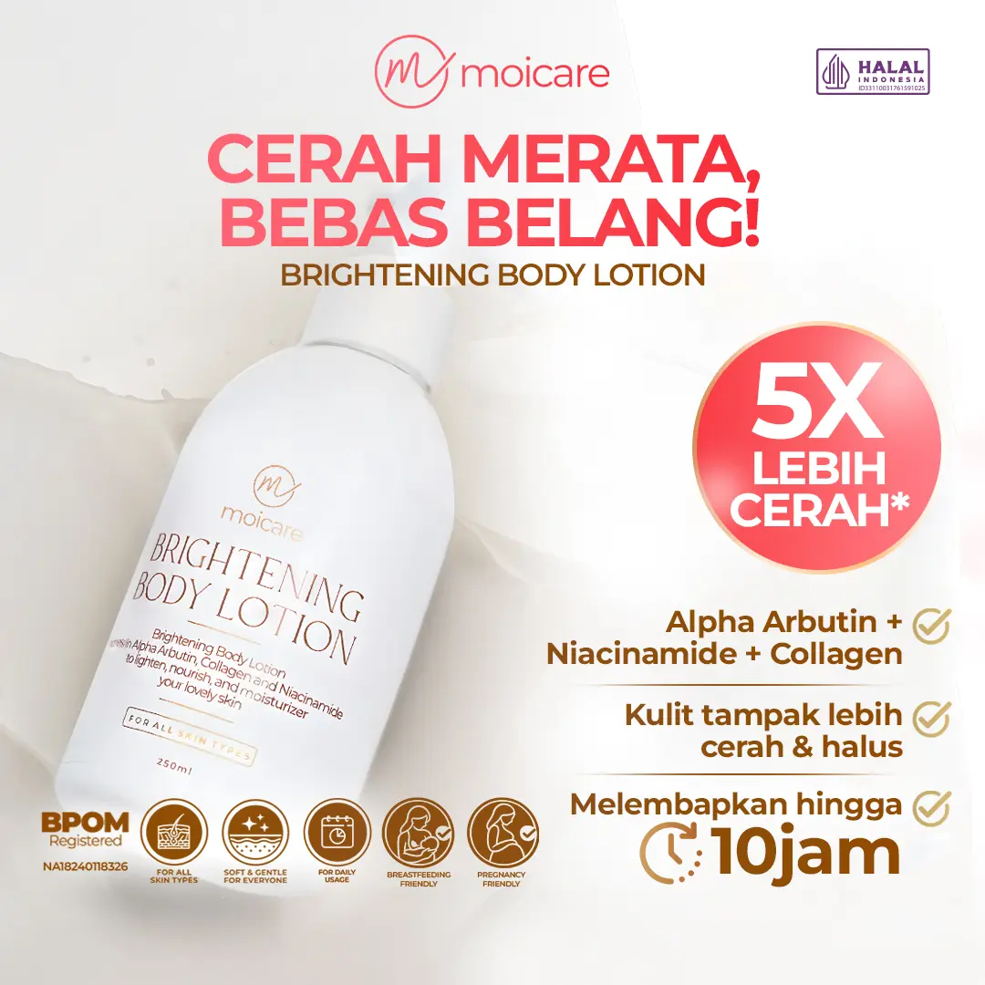 Moicare Brightening Body Lotion - Pencerah Kulit Kusam, Melembutkan, Menghaluskan, Memudarkan Noda Hitam, Melembapkan Kulit Kering with Niacinamide, Alpha Arbutin & Collagen