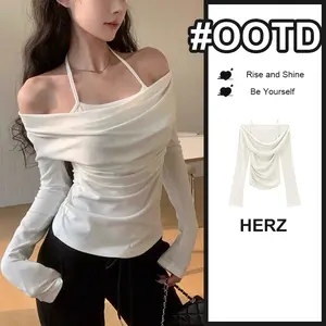 kaos aprikot polos leher menggantung t-shirt wanita off-shoulder korean seksi lipit slim fit ramping cewek