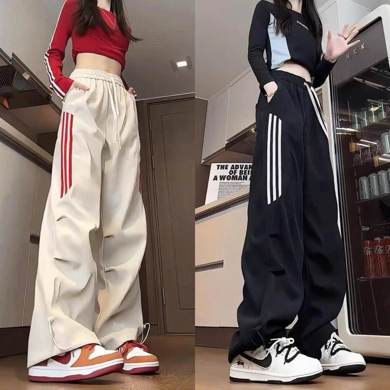  Quần Dù Ống Rộng Gió Nhăn Chất Dù Dây Rút PHỐI SỌC Form Rộng Nam Nữ Unisex bò Bộ mặc 