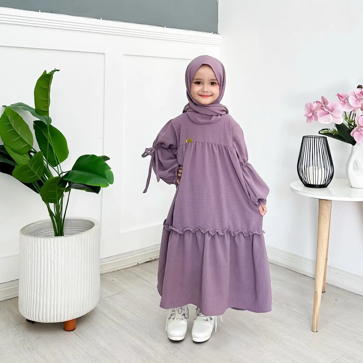 Gamis Anaya anak perempuan set hijab muslim Crinkle Airflow Nyaman