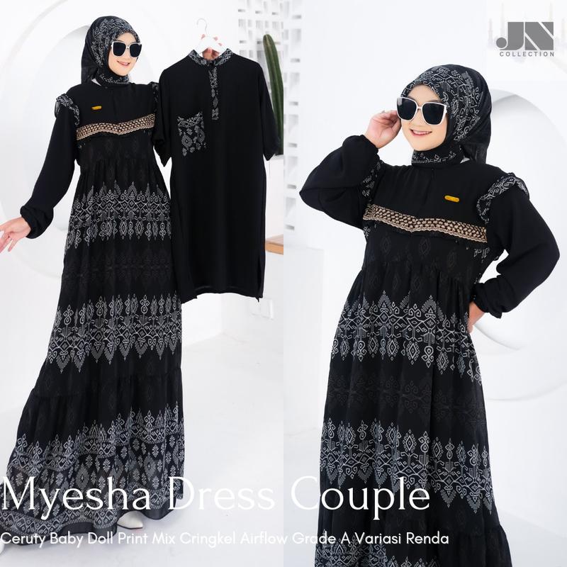Gamis Sarimbit Myesha Dress Ceruty Print Mix Cringkel Airflow Grade A Variasi Renda FREE Hijab Segi Empat Mewah Elegan 0