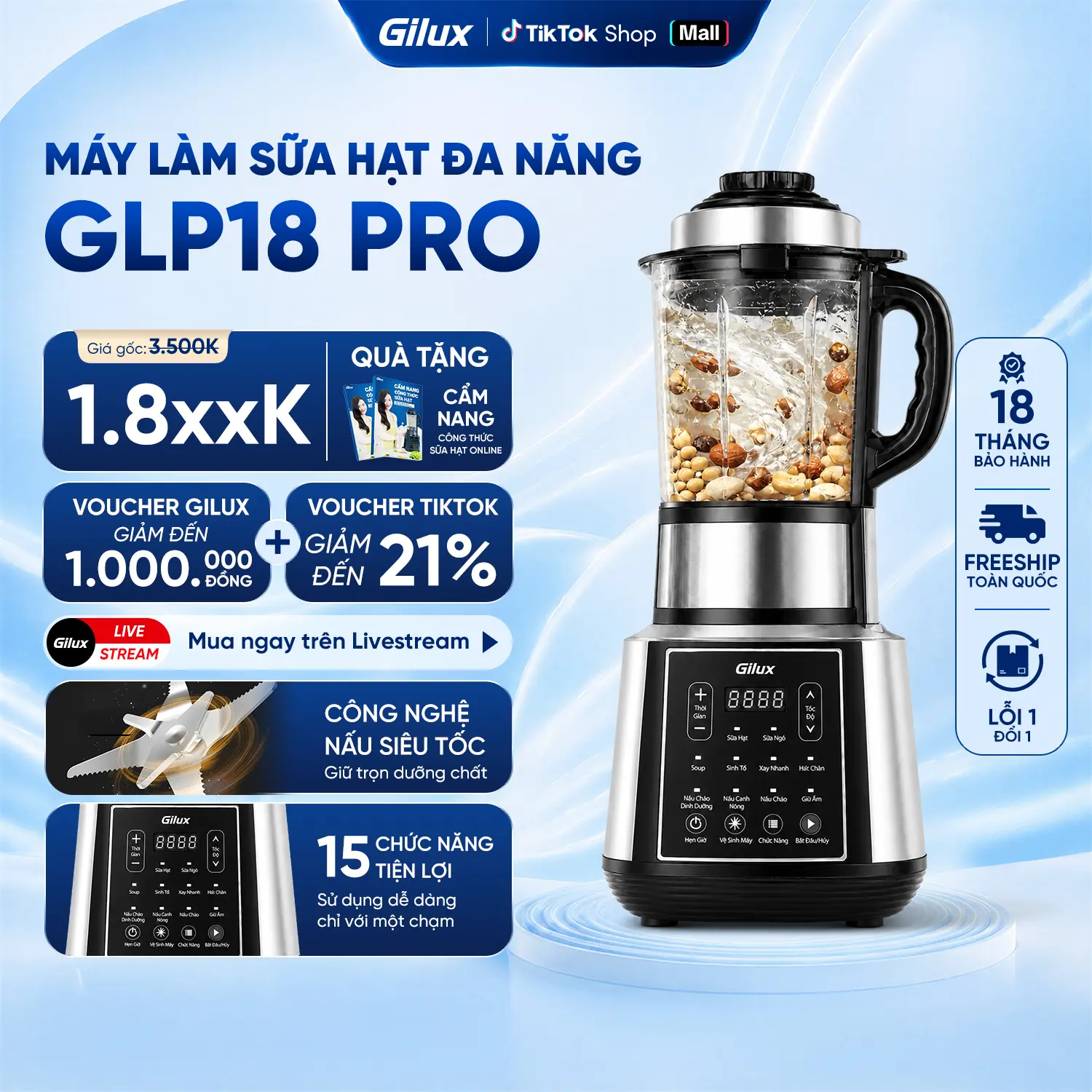 Máy Làm Sữa Hạt + Tặng Cẩm Nang Công Thức Sữa Hạt + Ray Lọc - 15 Chức năng, Đồ Ồn thấp, Nắp Inox