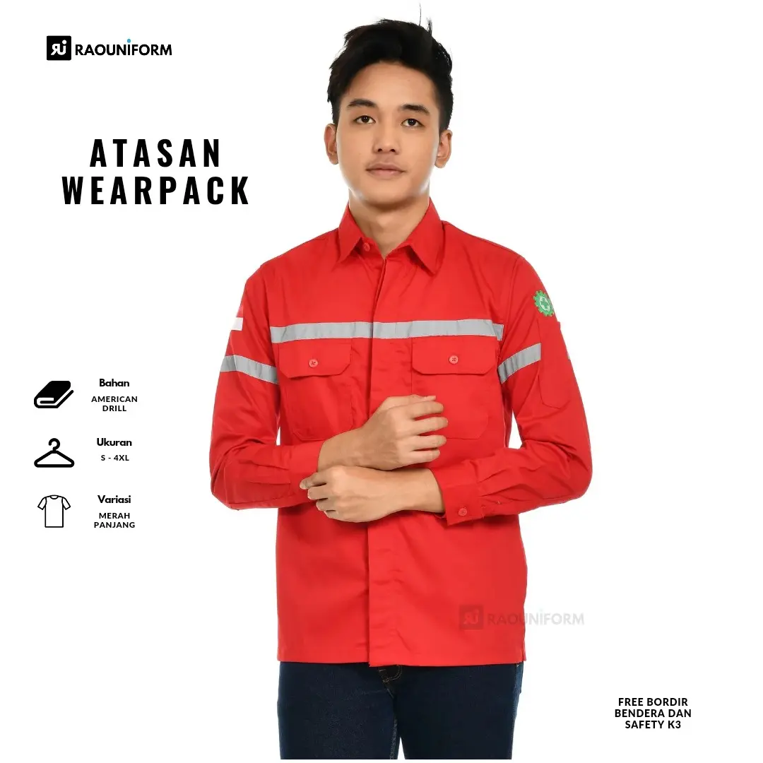 Baju Seragam Lapangan Pria/Kemeja Safety Pria/Baju Proyek Safety/Seragam Proyek Lapangan/Kemeja Kerja Outdoor Abu Biru Bordir Merah Putih Wearpack