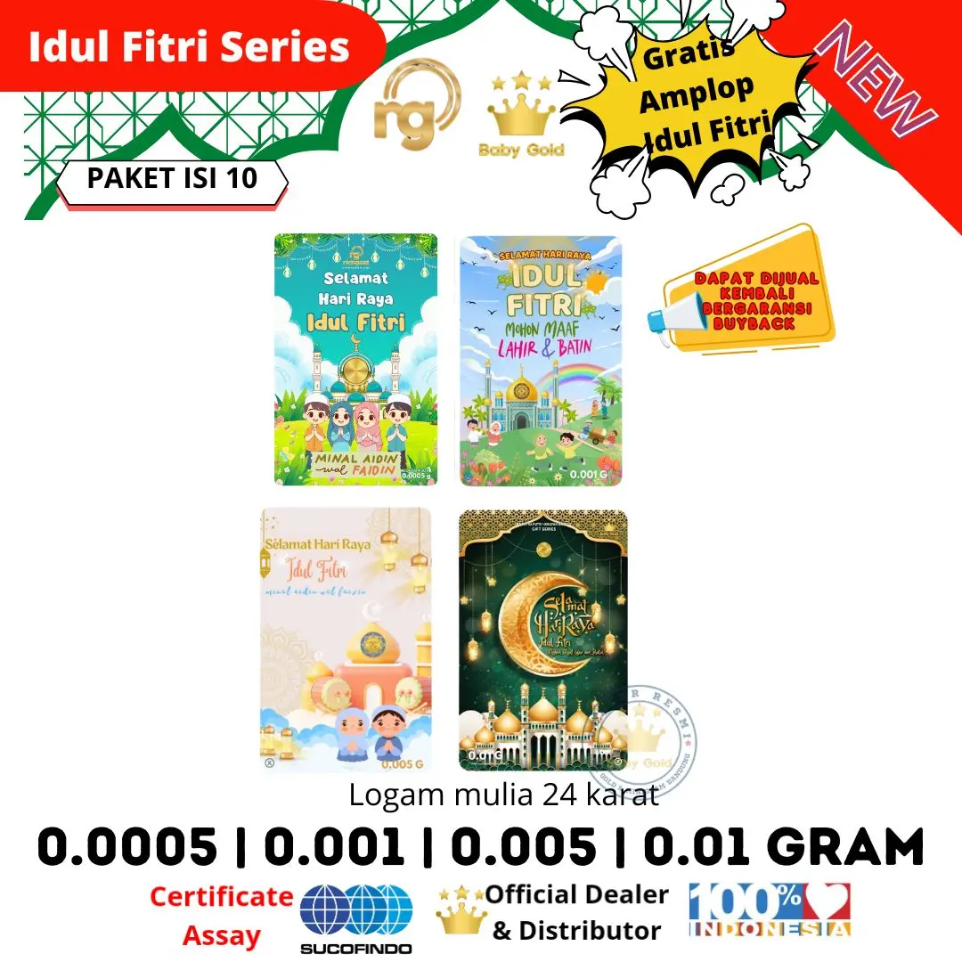 PAKET ISI 10 EDISI IDUL FITRI 0.0005 | 0.001 | 0.005 | 0.01 GRAM LOGAM MULIA emas  batangan  1  gram