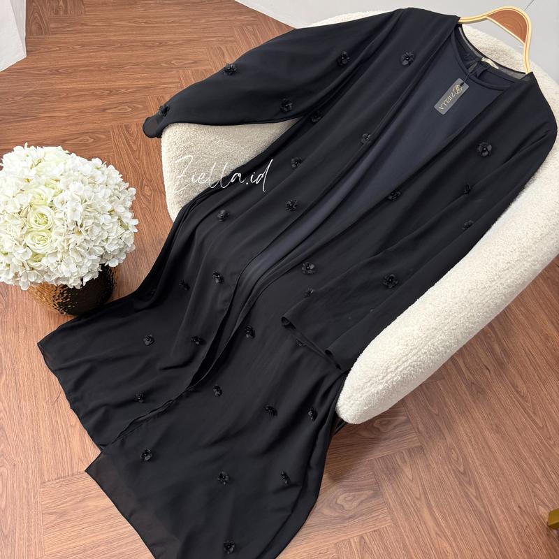 Ziella - Fatimah Abaya 2in1 Outer dan Inner With Bunga Organza 3D bahan Ceruty Babydoll Jersey Abaya Adem Nyaman Dipakai Tidak Menerawang 4